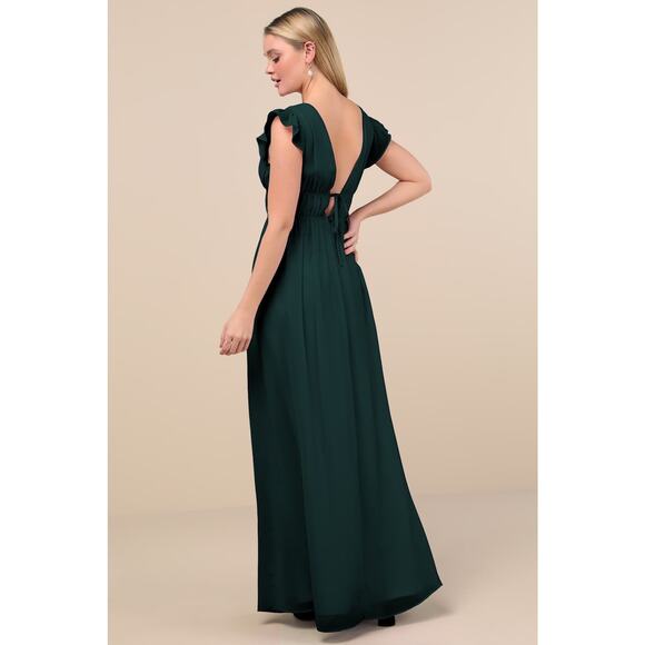 NWT Lulus I'm All Yours Emerald Green Ruffled Maxi Dress Bridesmaid Cocktail M - Picture 3 of 13